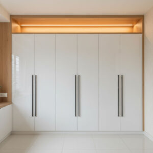 CONTEMPORARY WHITE 2 DOOR SWING WARDROBE DESIGN WITH TALL CABINETS
