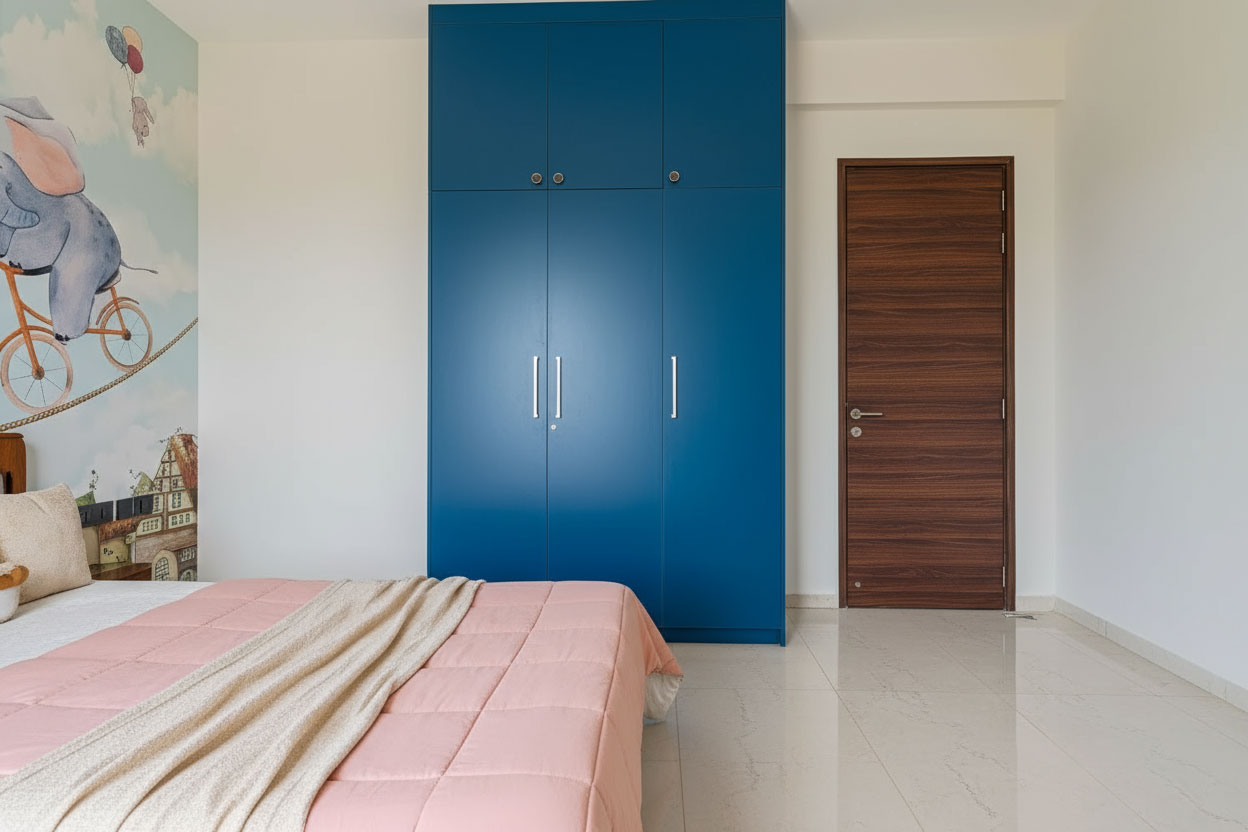 Modern-3-Door-Blue-Swing-Wardrobe-Design-With-Mirrored-Panel-and-Sleek-Black-Handles