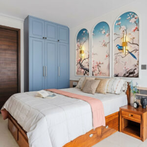 MODERN 3 DOOR SWING WARDROBE DESIGN FEATURING BEIGE AND DENIM BLUE FINISH