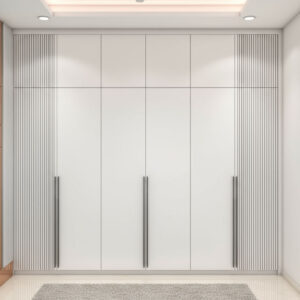MODERN 4 DOOR OFF WHITE SWING WARDROBE DESIGN WITH VERTICAL GROOVE ACCENTS