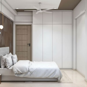 MODERN OFF WHITE 4 DOOR SWING WARDROBE DESIGN FEATURING OVERHEAD CABINETS